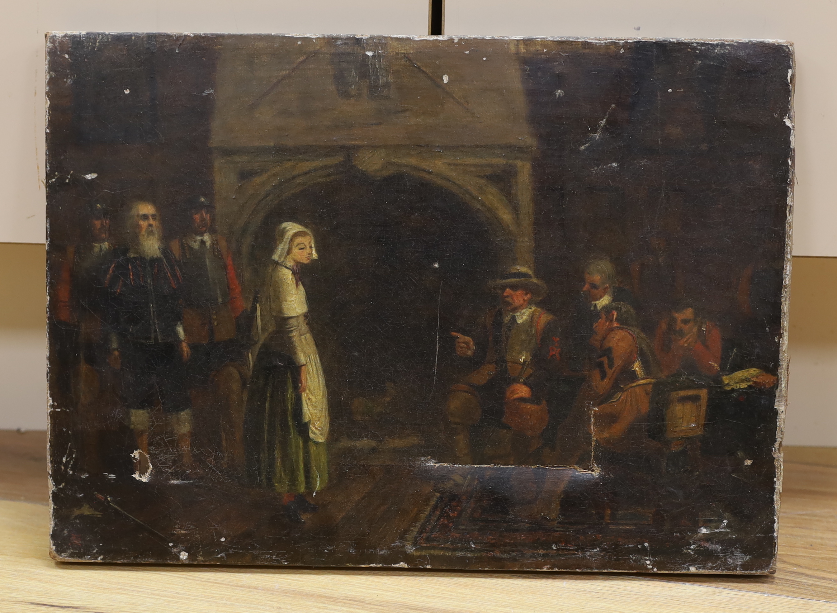 Victorian School, oil on canvas, 'Cromwell questioning Phoebe Mayflower', monogrammed TM, 26 x 36cm, unframed